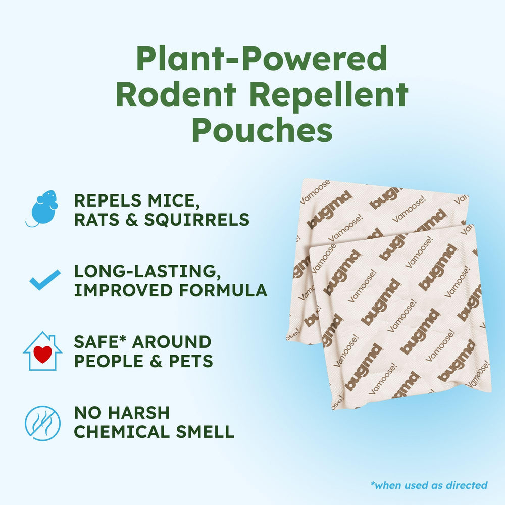 BugMD Vamoose! Peppermint Oil Mouse Repellent pouches displayed with plants