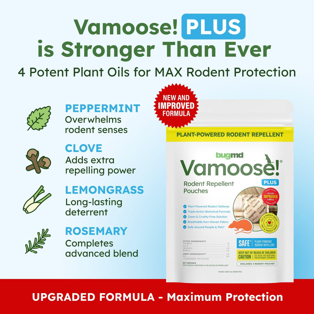 BugMD Vamoose! Peppermint Oil Mouse Repellent pouches packaging