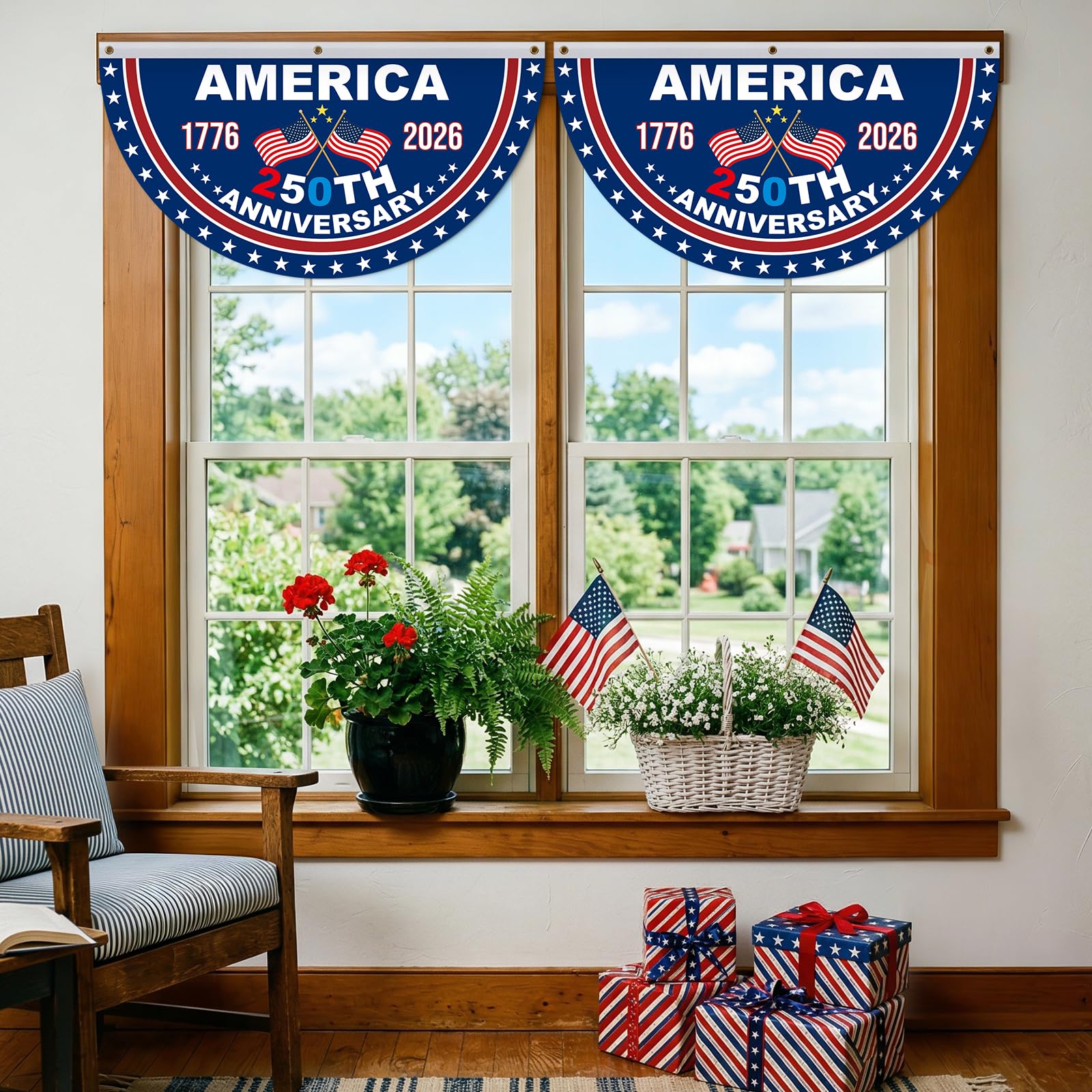 Bunting displayed at a patriotic event with festive decorations