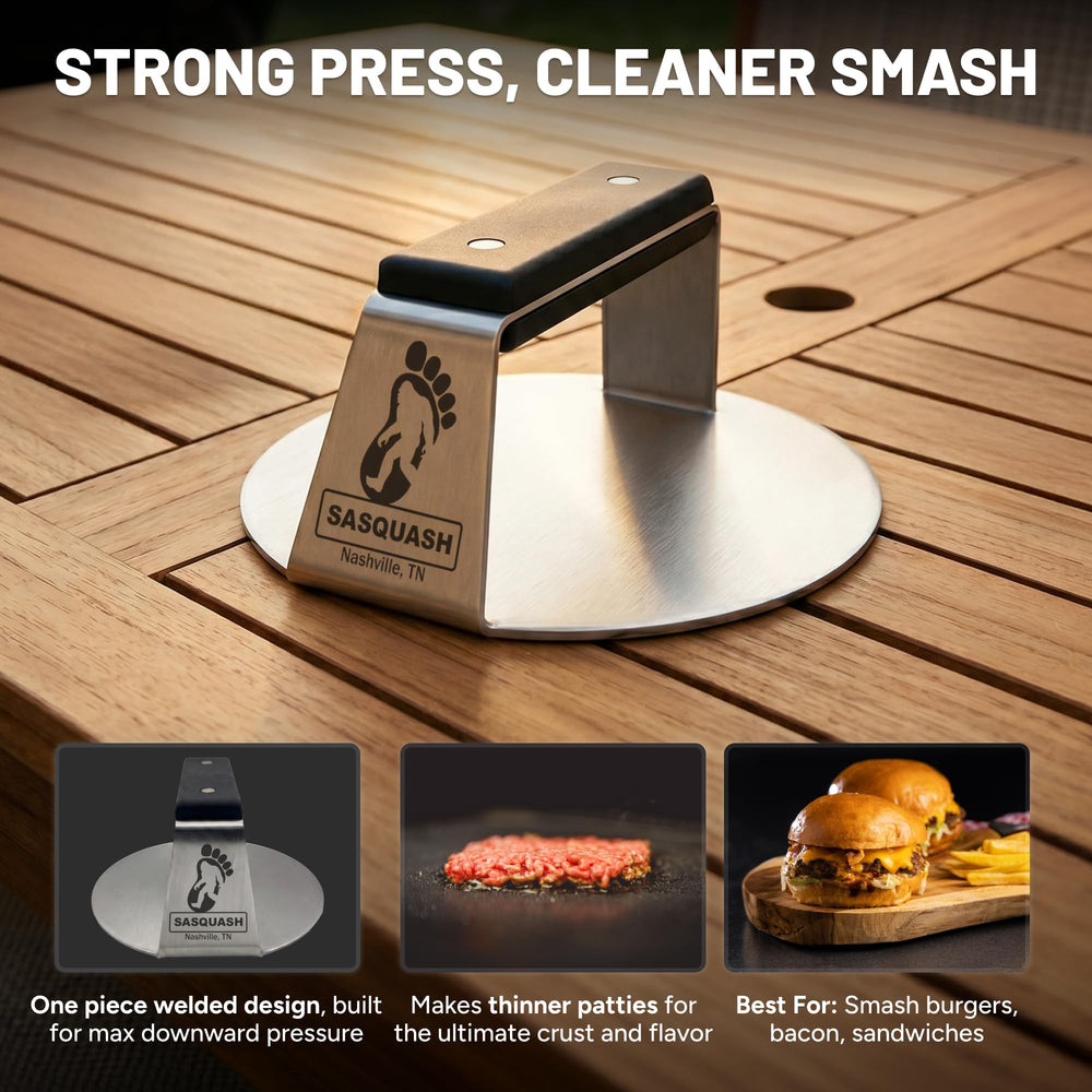 Burger Iron Sasquash Burger Smasher in use on a grill
