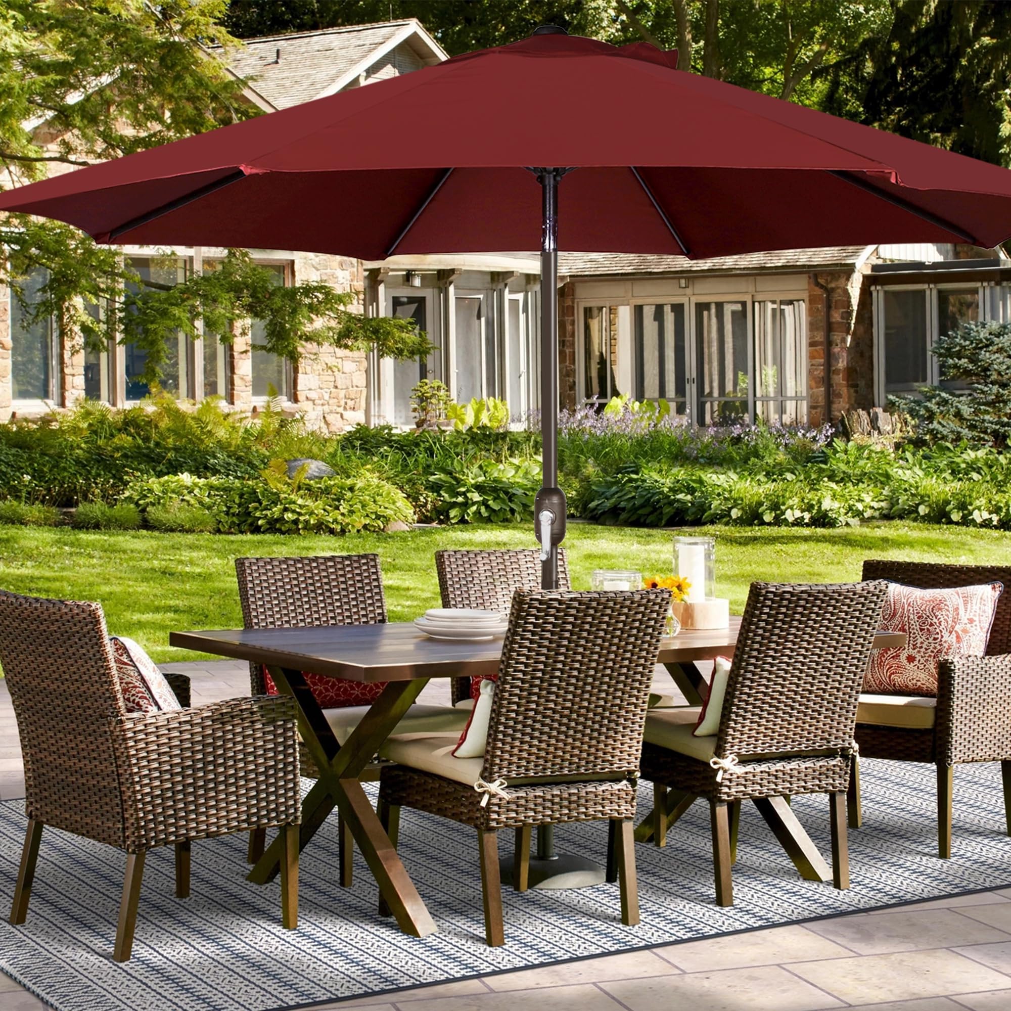 Burgundy Blissun canopy displayed in garden setting