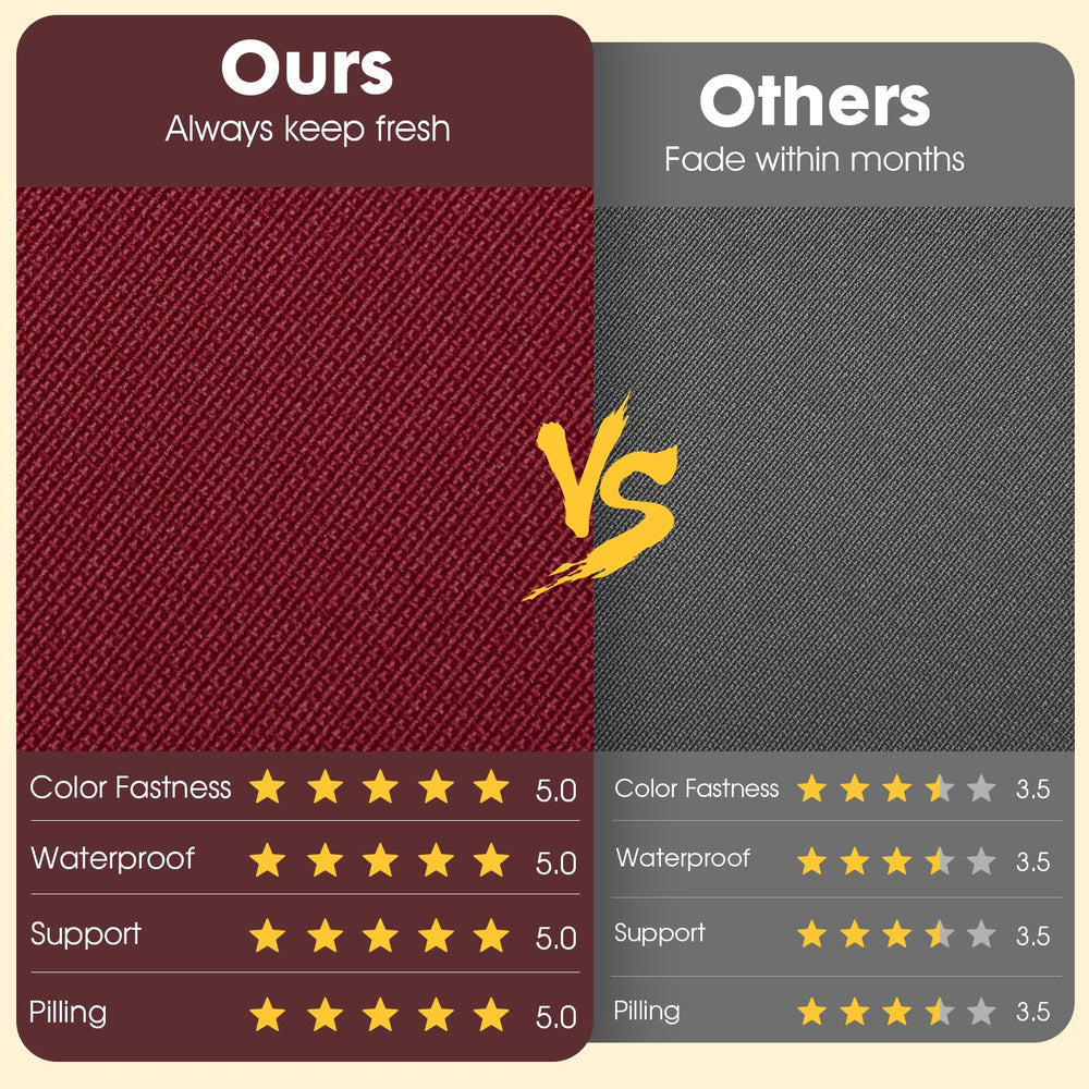 Burgundy LA COUSSIN outdoor chair cushions displayed outdoors