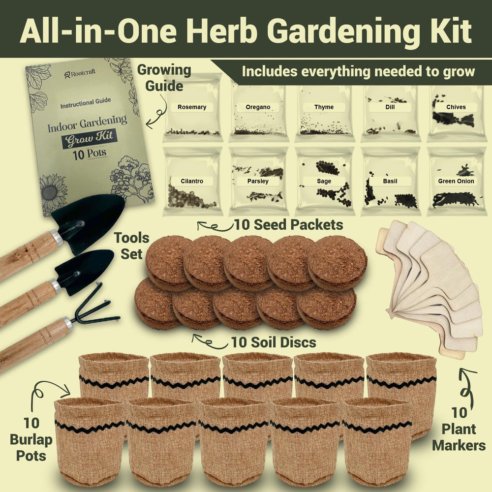 Burlap pots and plant markers from ROOTCRAFT herb garden kit