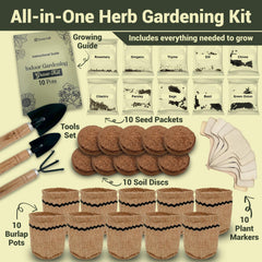 Burlap pots and plant markers from ROOTCRAFT herb garden kit
