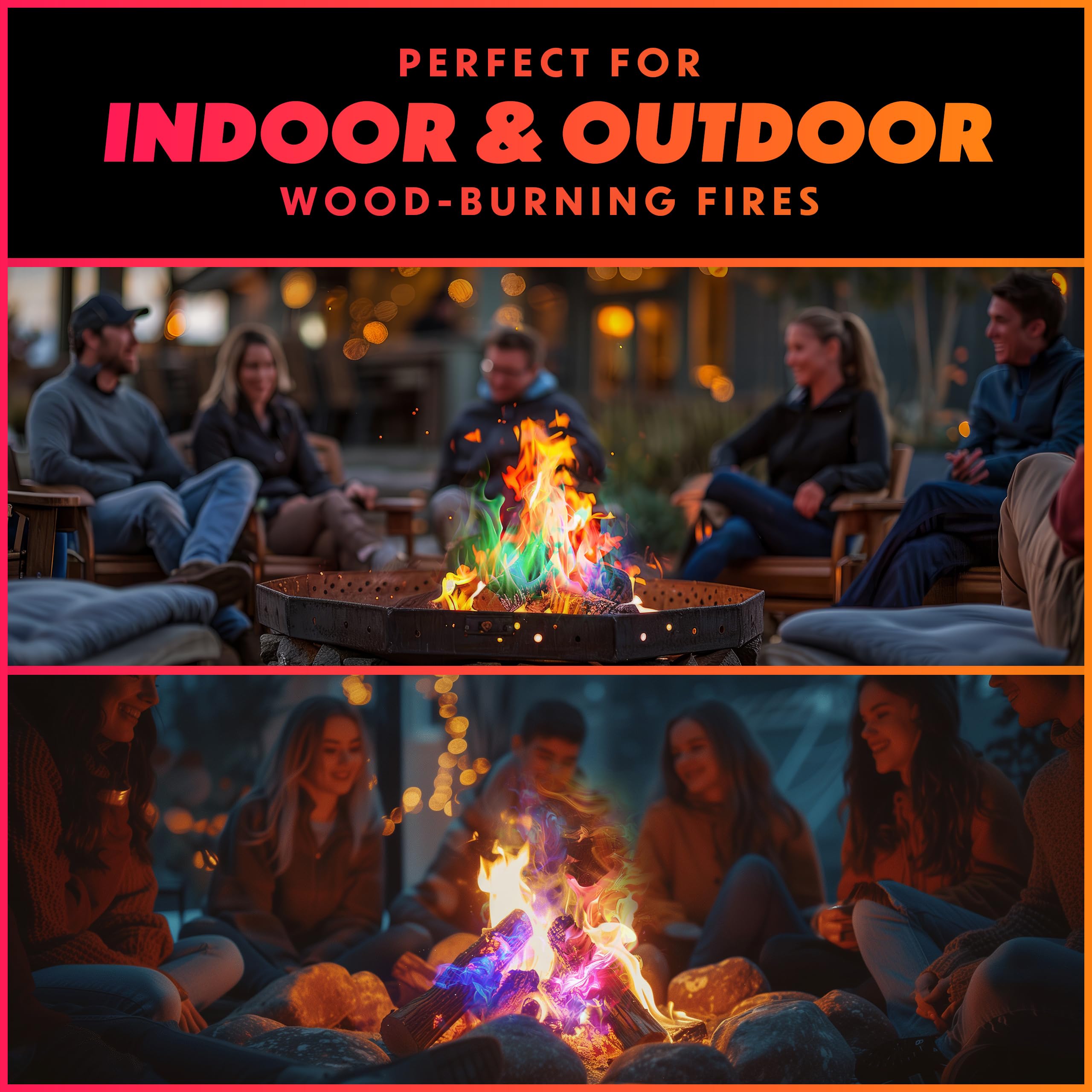 Burning campfire with colourful flames from Magical Flames packets