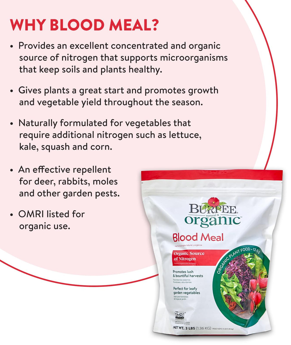Burpee Blood Meal Fertilizer in a garden setting