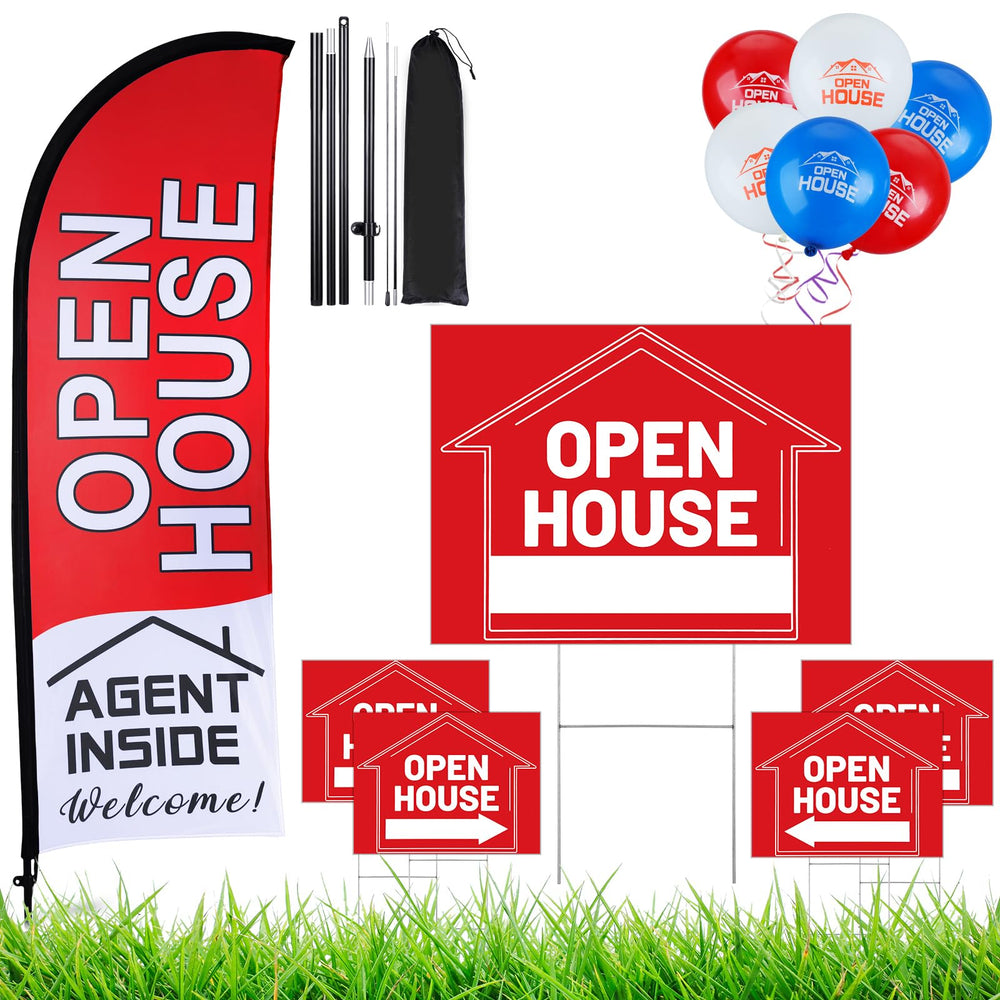 Buryeah Open House Signs Set with flag and signs in red
