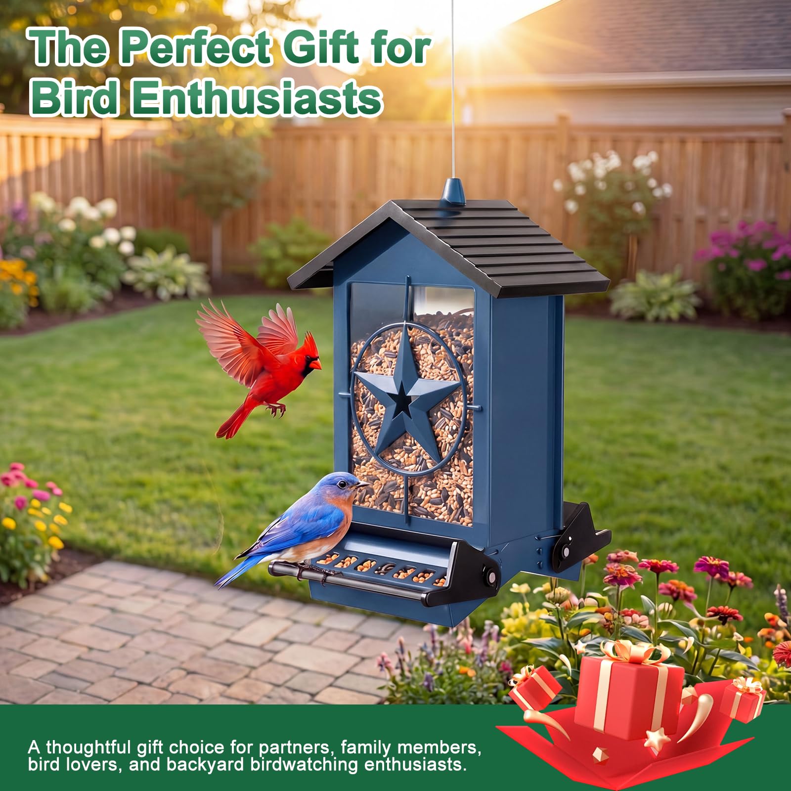 Buteafly Bird Feeder with birds feeding in the garden