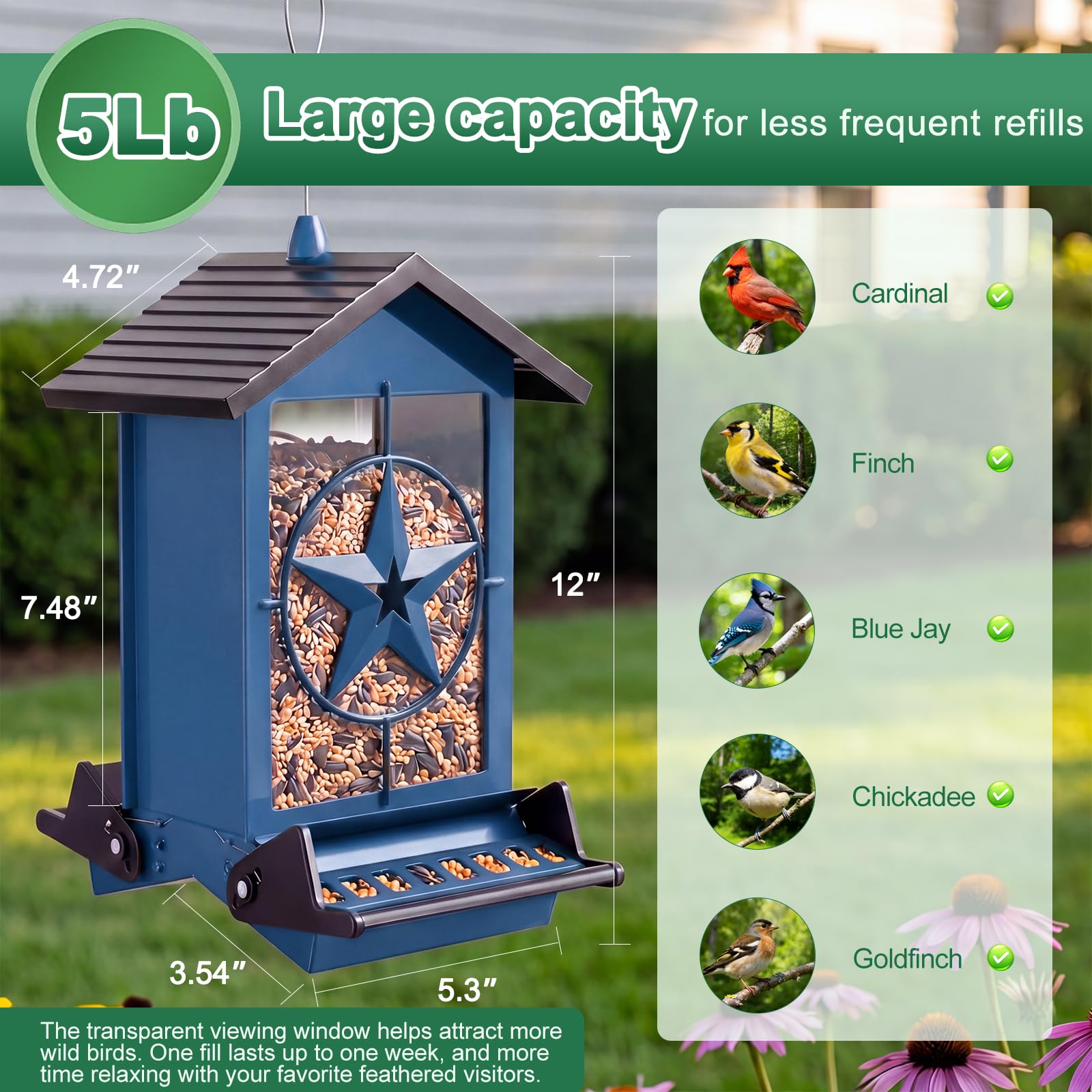 Buteafly Squirrel Proof Bird Feeder filled with sunflower seeds