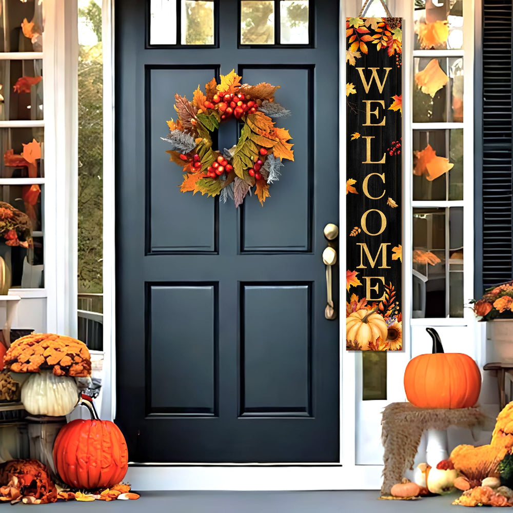 Buxjexh Fall Welcome Porch Sign details showing its wooden texture