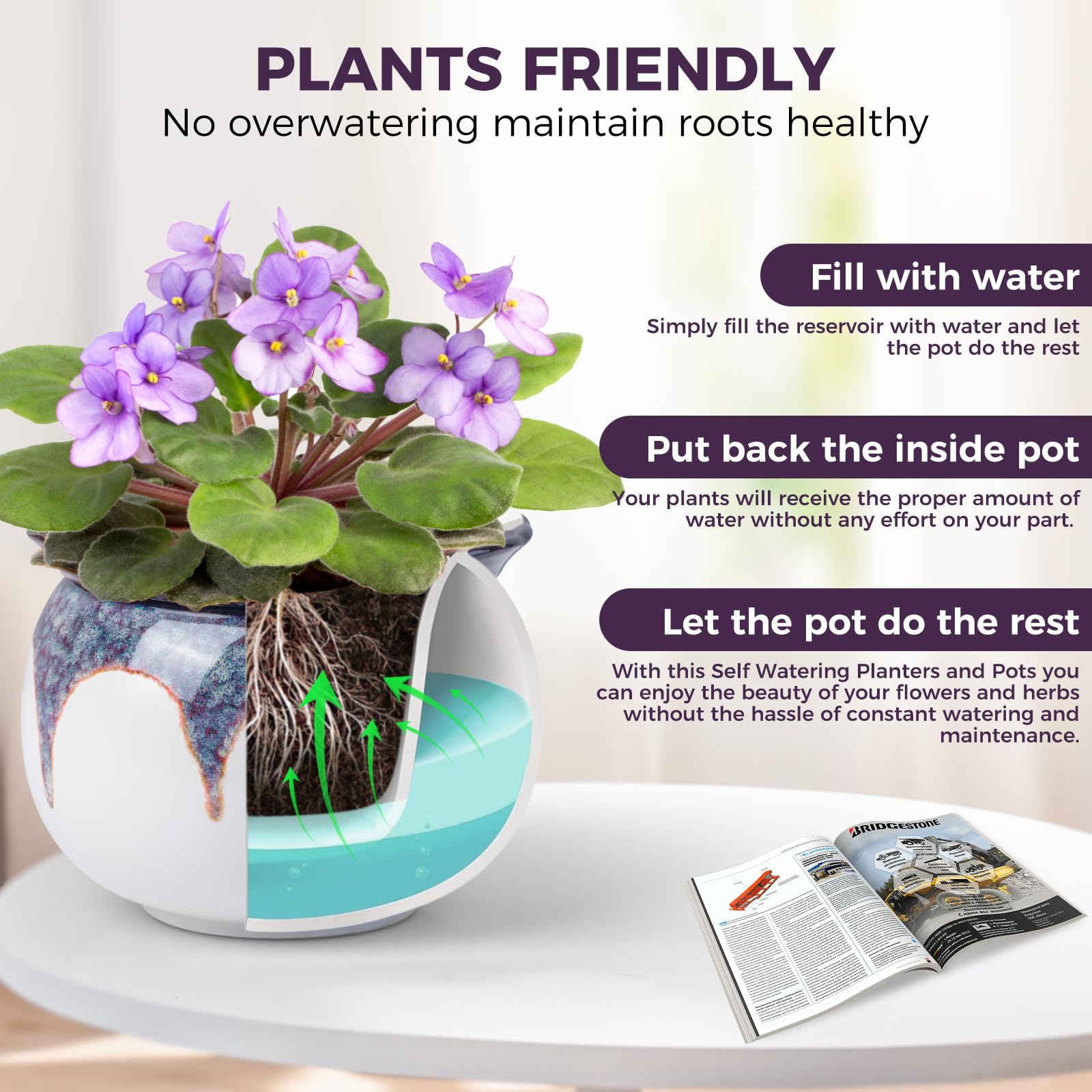 BUYMAX self-watering pot side view showcasing dual pot design
