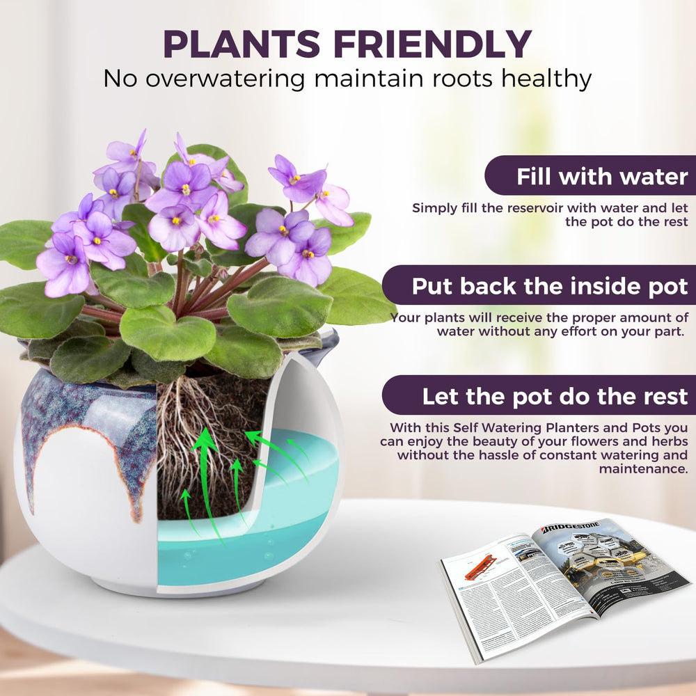BUYMAX self-watering pot side view showcasing dual pot design