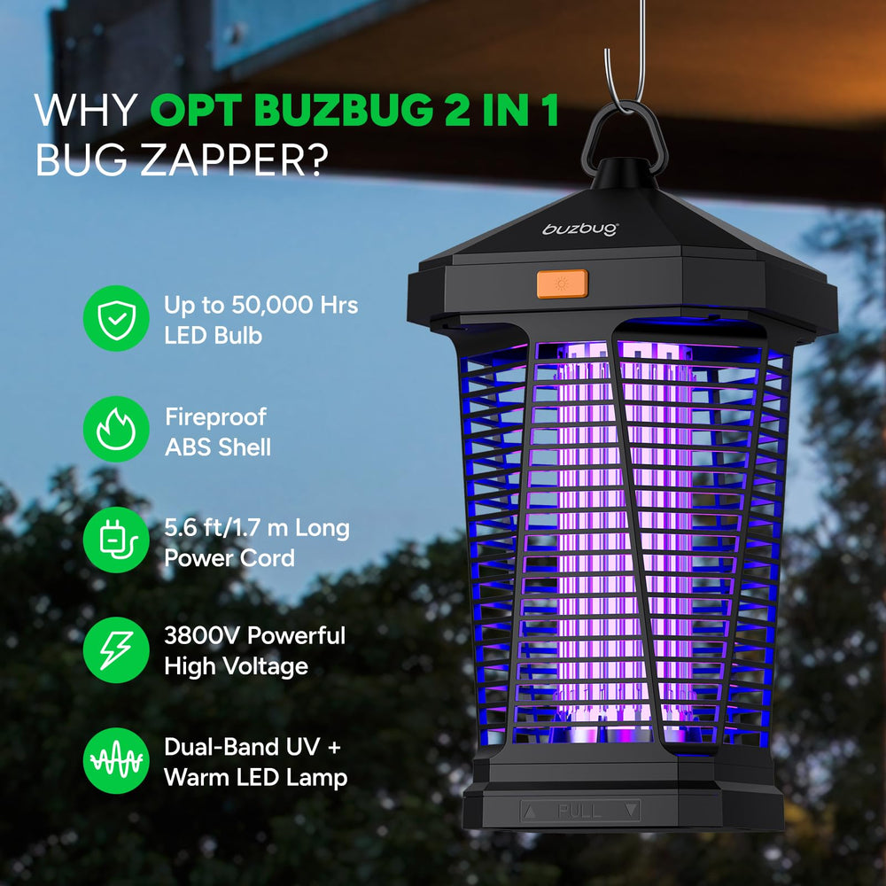 Buzbug 2-in-1 LED Bug Zapper back view, showing control features