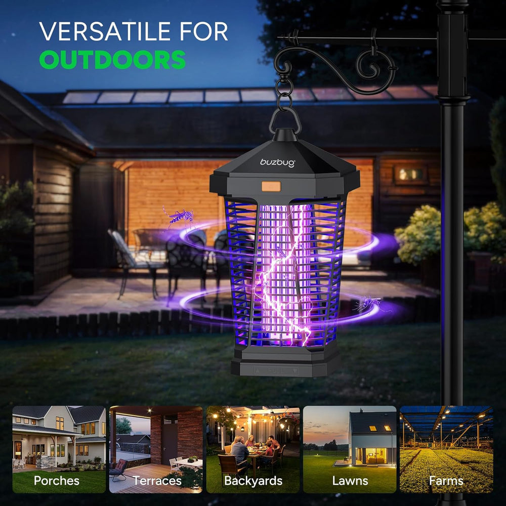 Buzbug bug zapper displayed in an outdoor setting