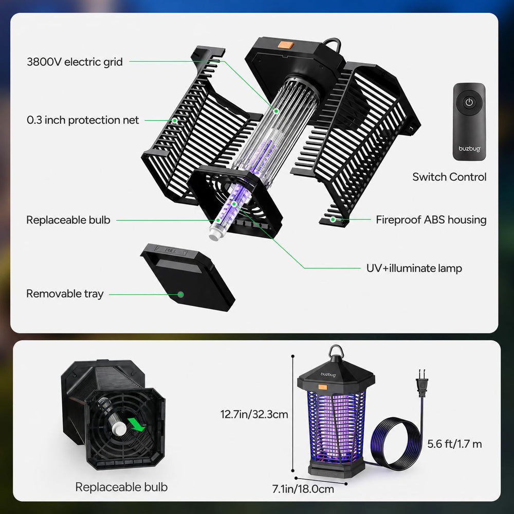 Buzbug bug zapper with removable tray for easy cleanup