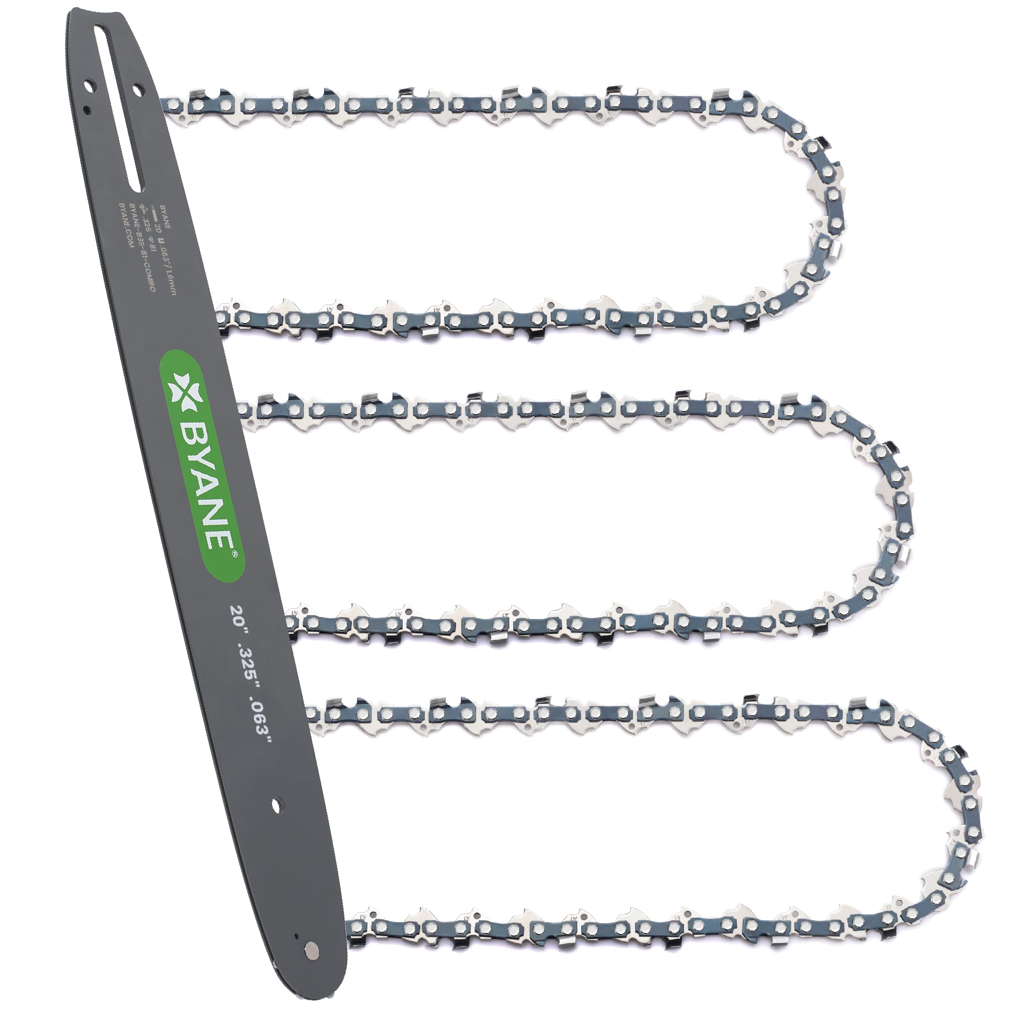 Byane 20 Inch Chainsaw Bar and Chain Combo front view with three chains