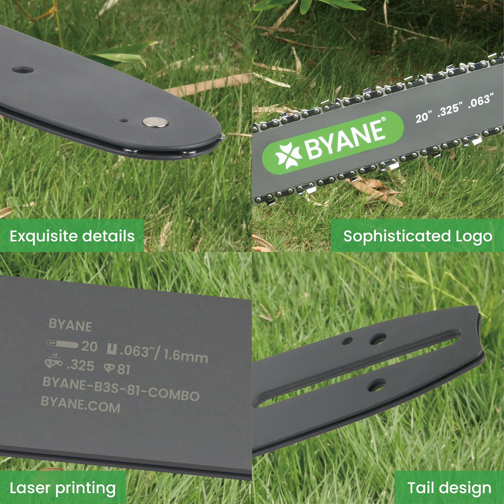 Byane chainsaw bar and chain combo laid out on a workbench