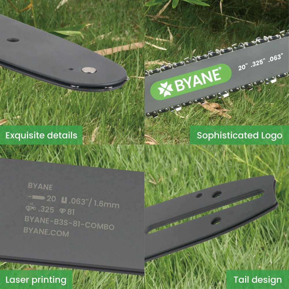Byane chainsaw bar and chain combo laid out on a workbench