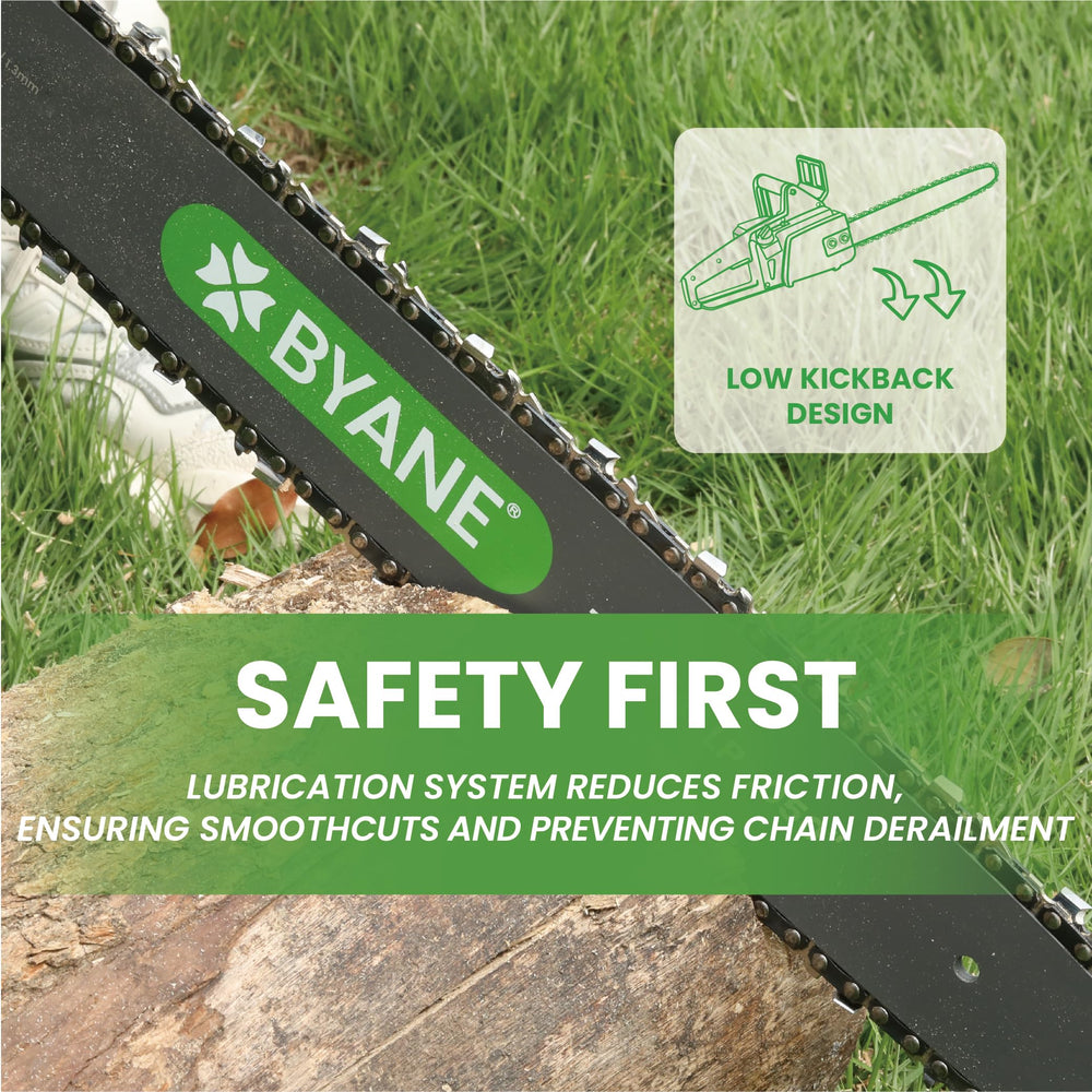 Byane chainsaw bar with specifications displayed