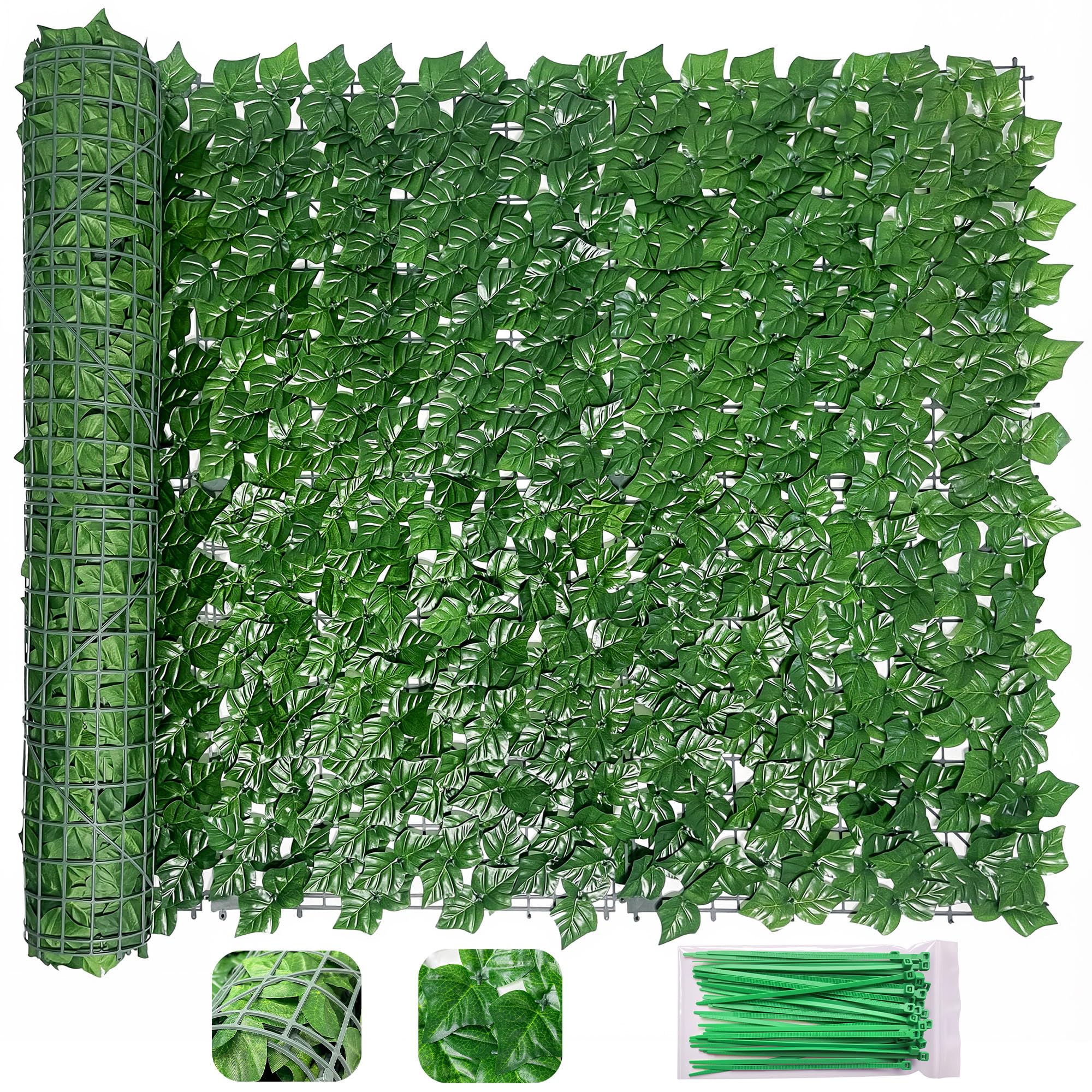 Bybeton Artificial Ivy Privacy Fence Screen front view, green ivy leaves