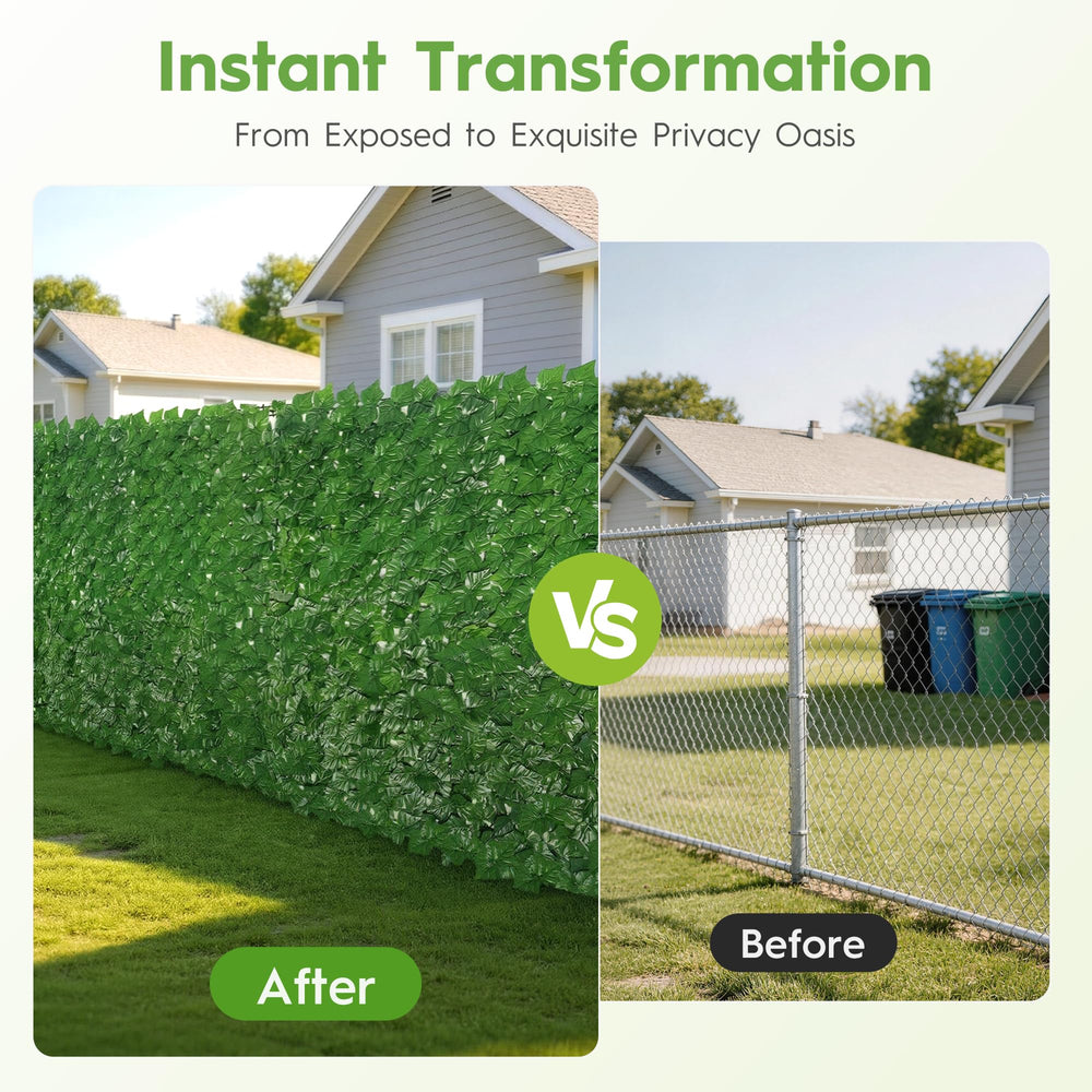 Bybeton Artificial Ivy Privacy Fence Screen with sunlight filtering through leaves