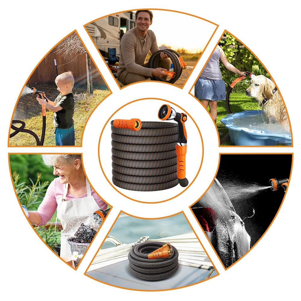 BYDA 100Ft garden hose displayed with 10 function sprayer