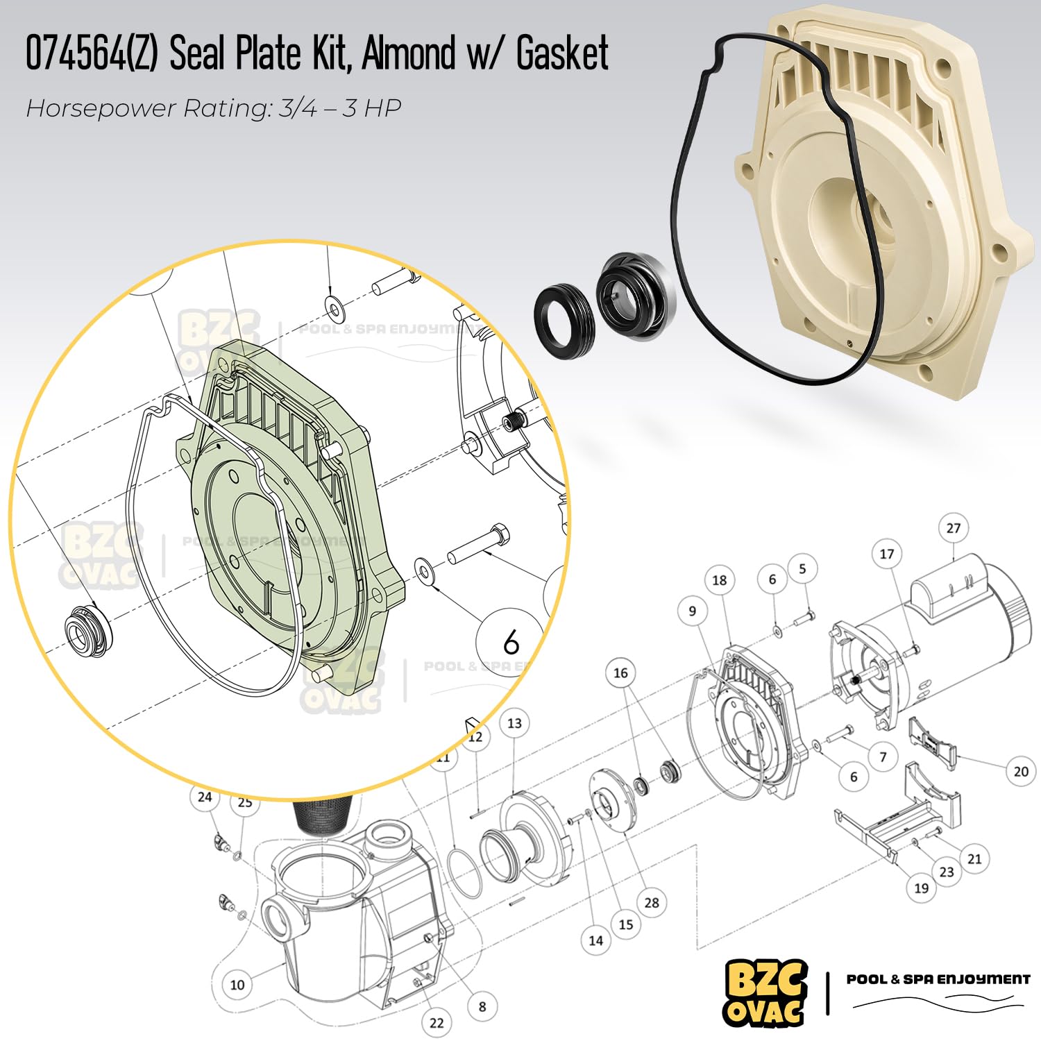Bzcovac Seal Plate Kit 074564 installed on Pentair pump