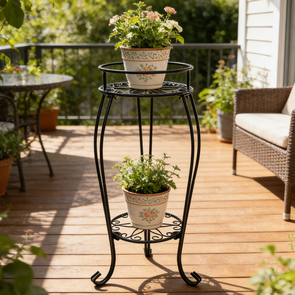 C CASIMR 2 Tier Plant Stand in a garden setting, Black