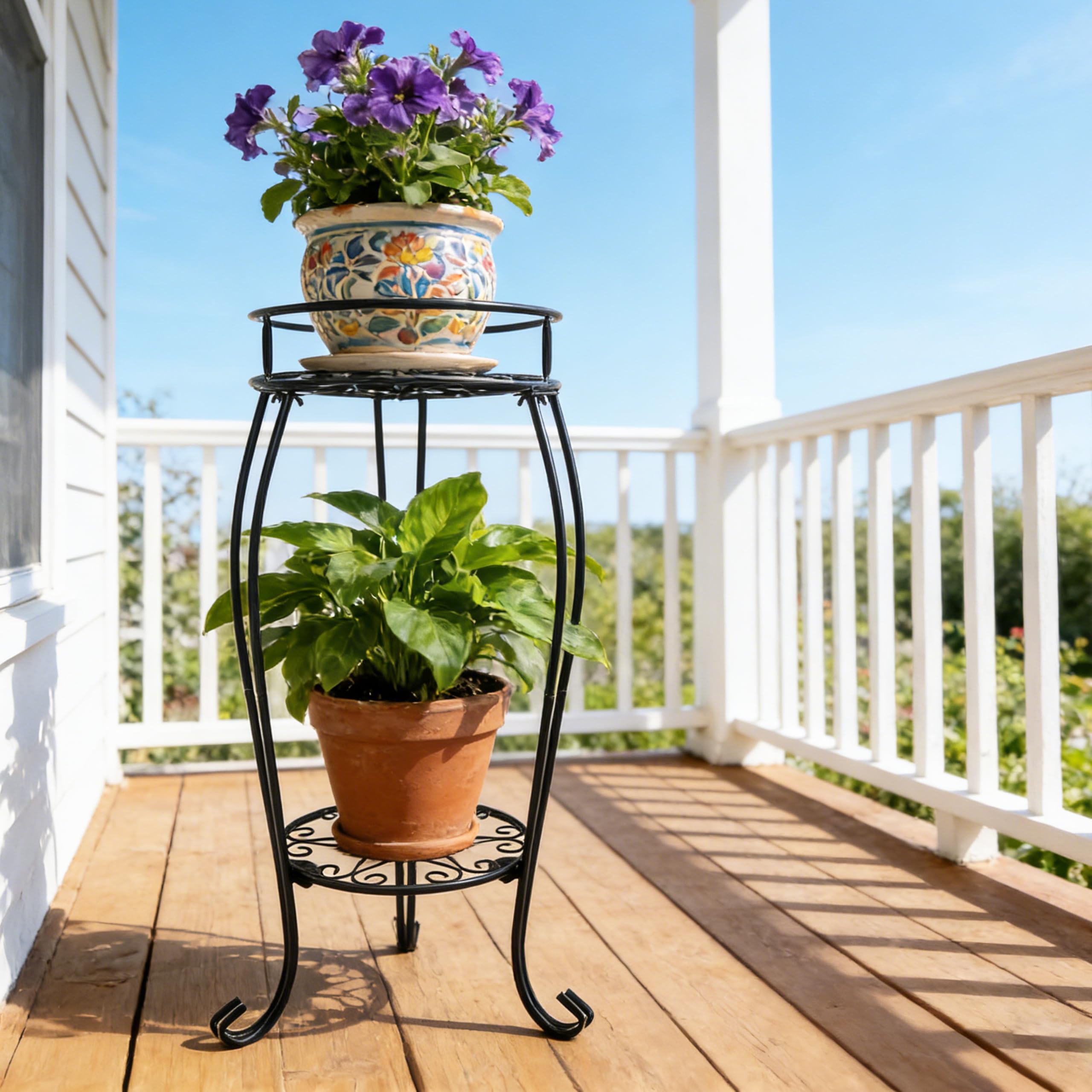 C CASIMR 2 Tier Plant Stand side view with plants, Black