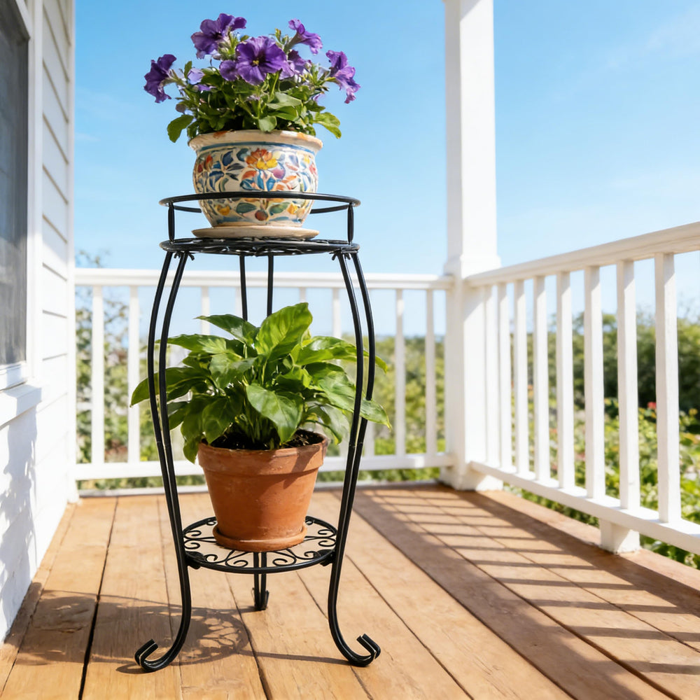 C CASIMR 2 Tier Plant Stand side view with plants, Black