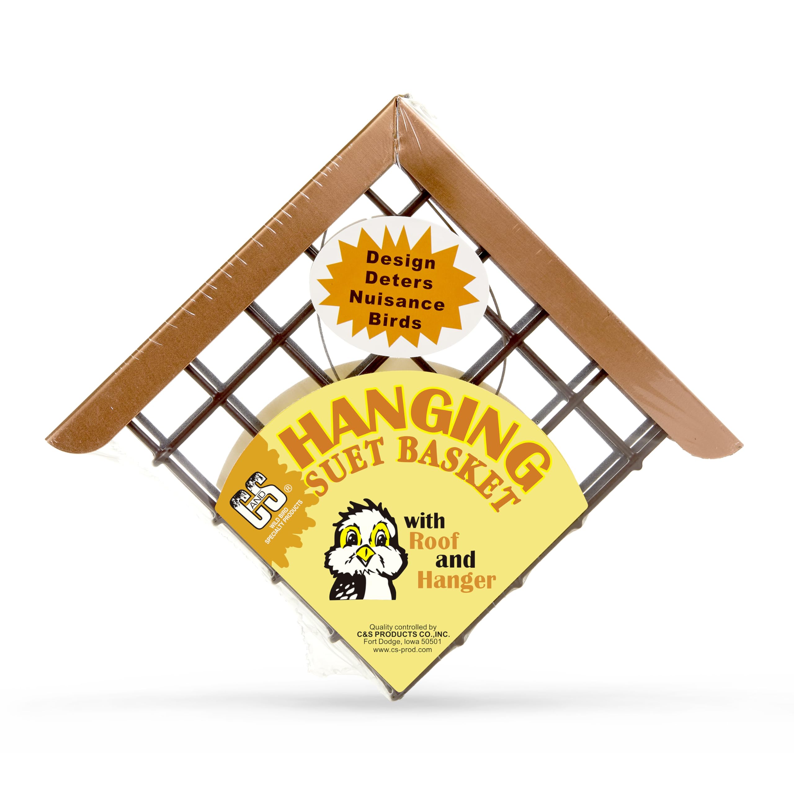 C&S Hanging Suet Feeder Basket with roof, front view
