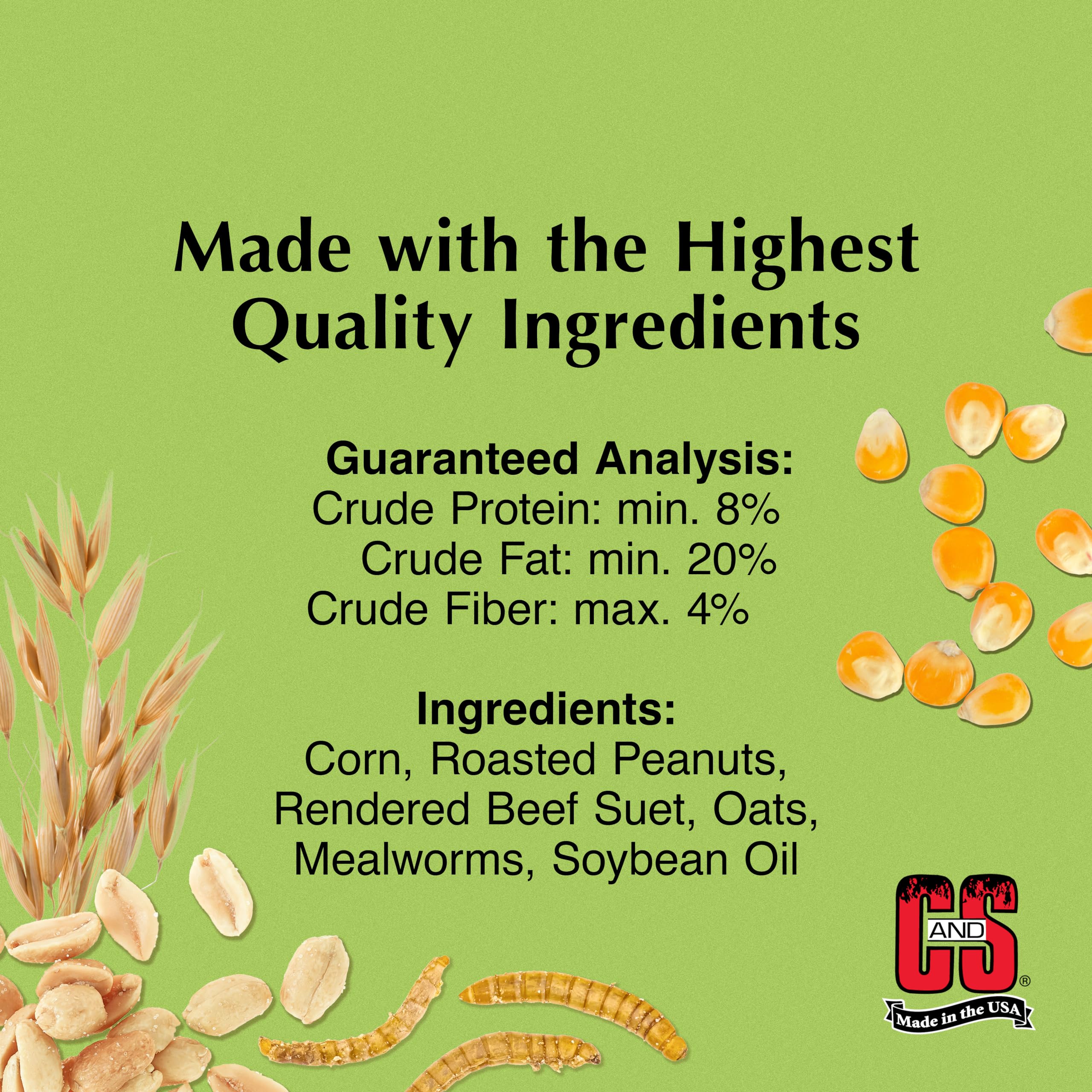 C&S Mealworm Suet Nuggets displayed in a bird feeder with birds feeding