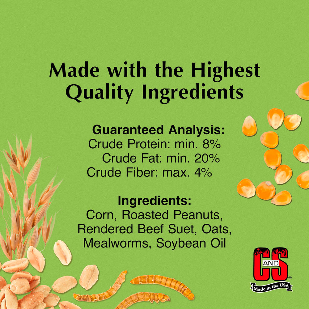 C&S Mealworm Suet Nuggets displayed in a bird feeder with birds feeding