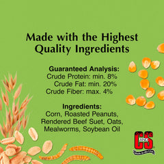 C&S Mealworm Suet Nuggets displayed in a bird feeder with birds feeding