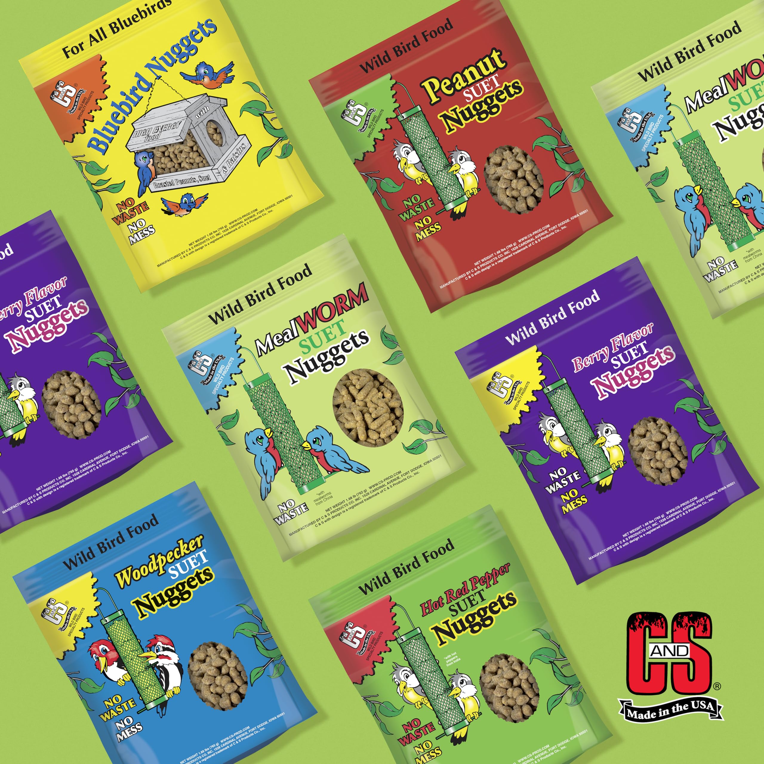 C&S Mealworm Suet Nuggets in a bird feeder with various birds