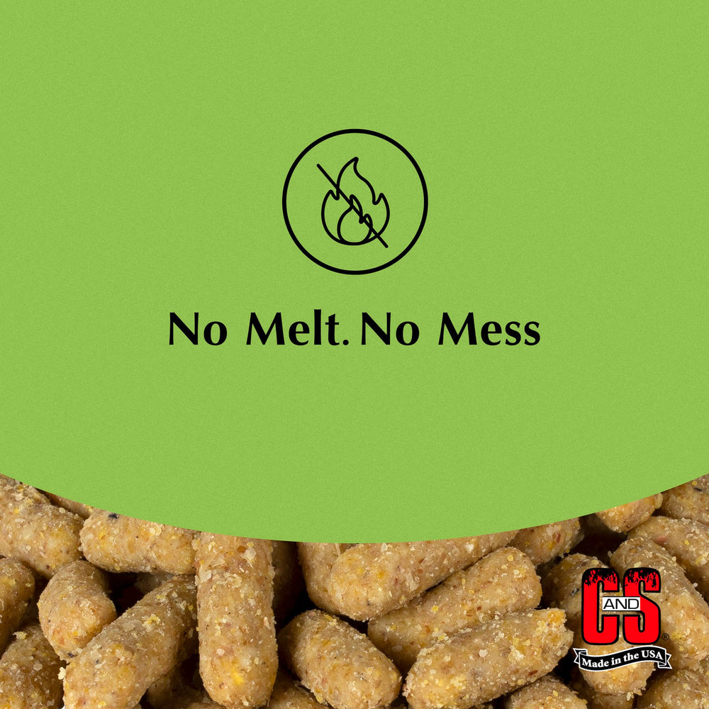 C&S Mealworm Suet Nuggets in a garden setting with flowers