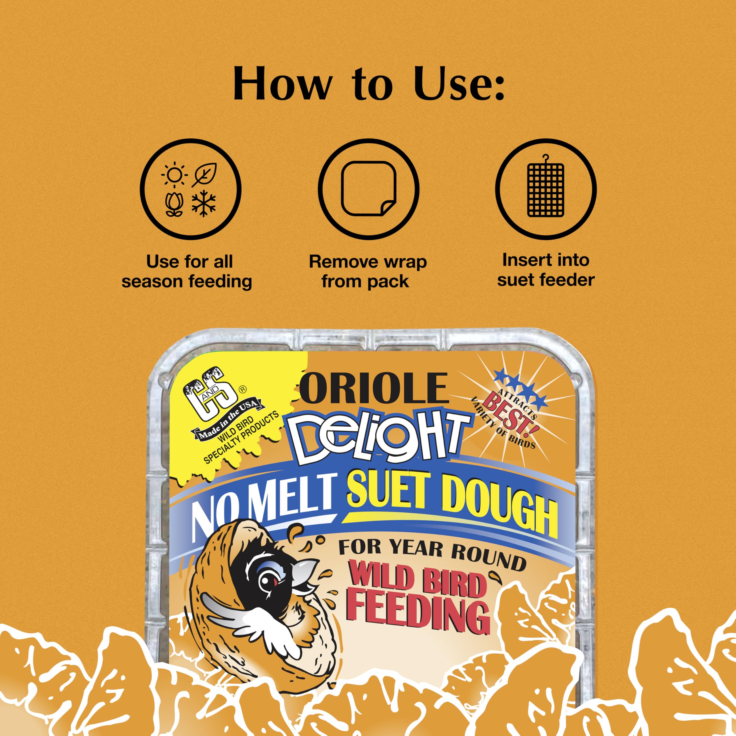 C&S Oriole Delight No Melt Suet Dough on a bird feeder