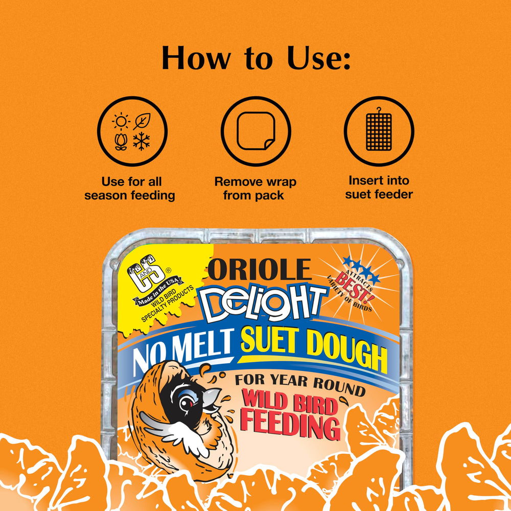 C&S Oriole Delight No Melt Suet Dough on a bird feeder