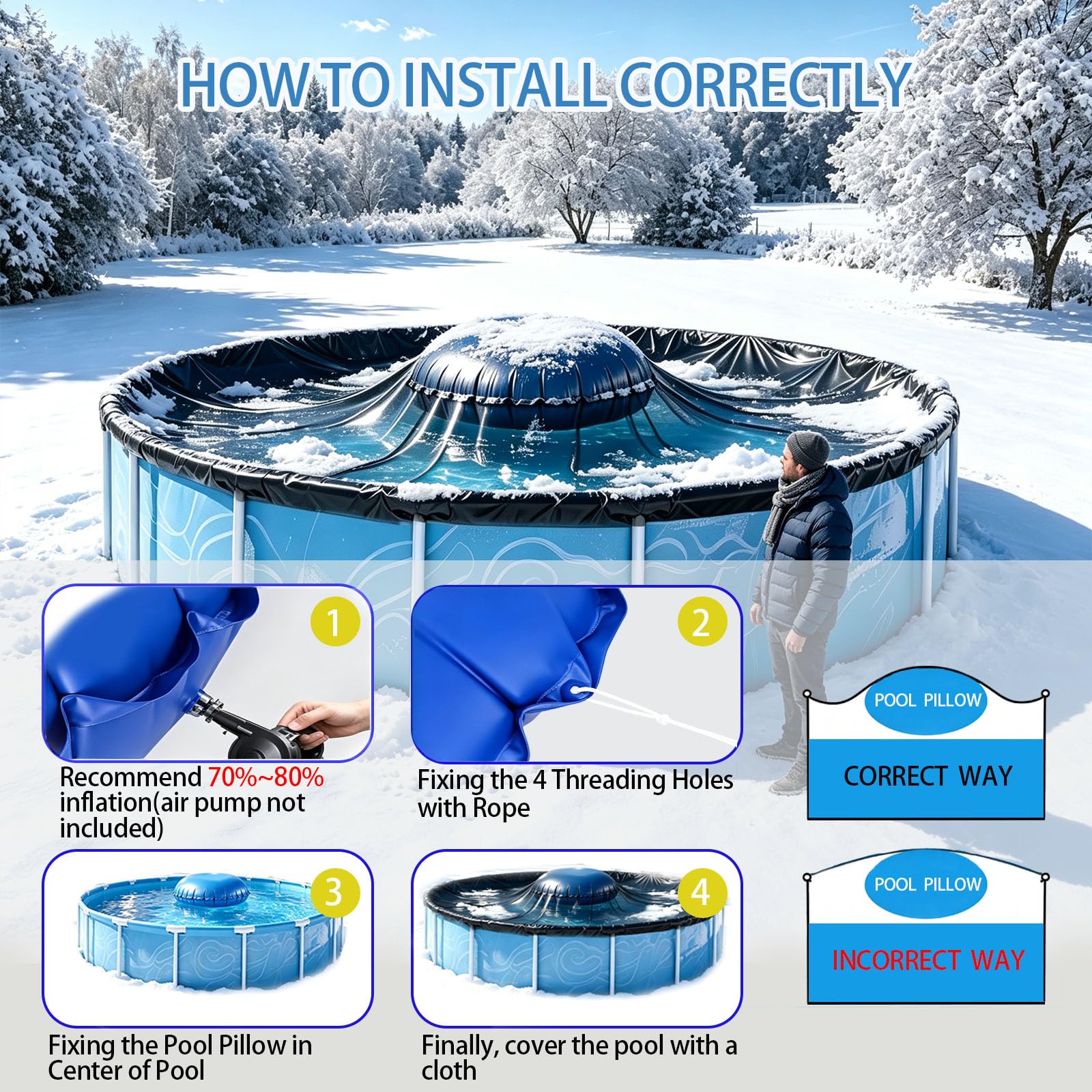 C YIFAN & S Pool Pillow displayed in a winterized pool