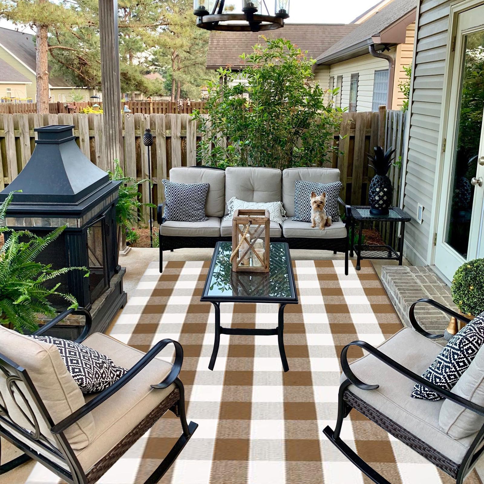 CAINANEL Buffalo Plaid Outdoor Rug displayed in an entryway setting