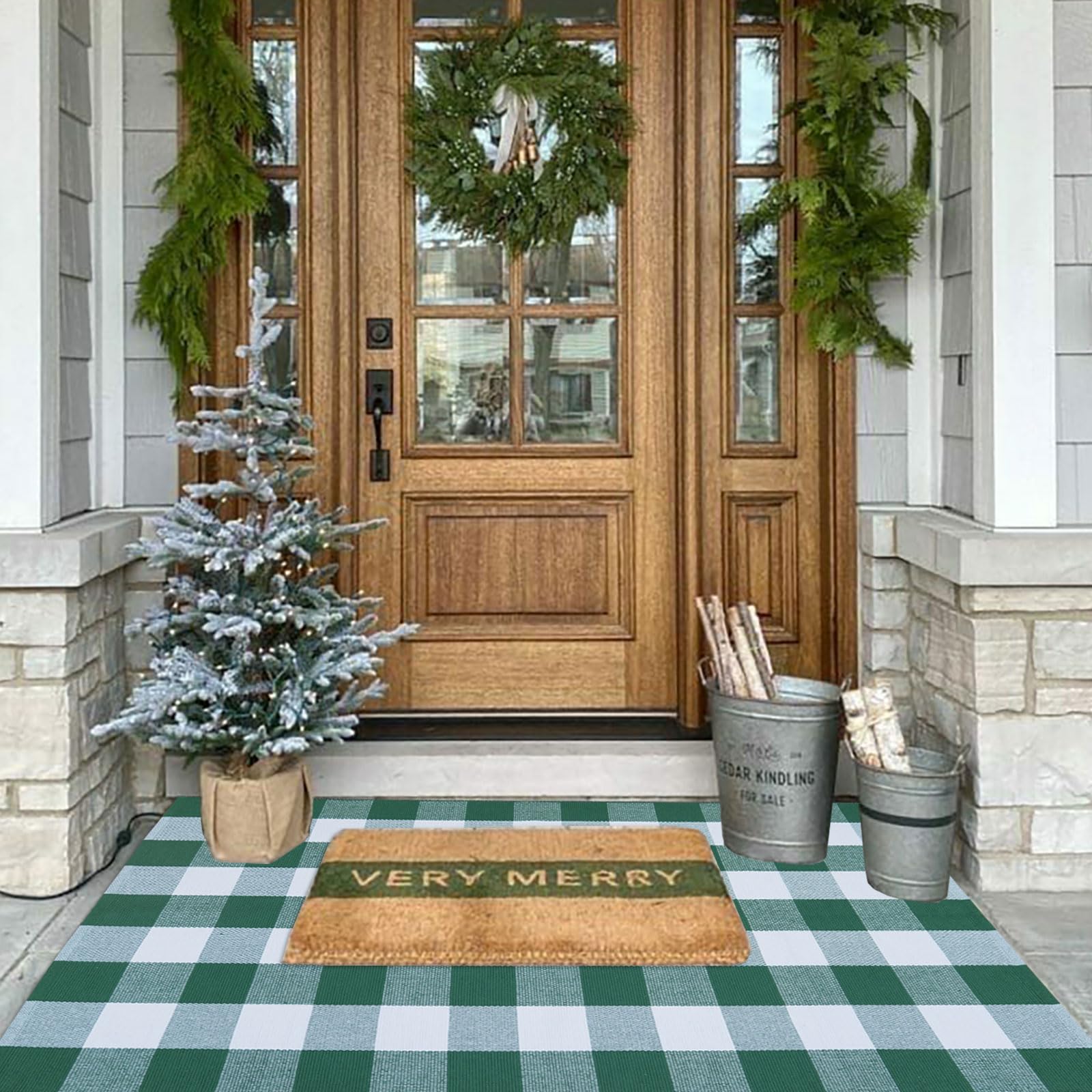 CAINANEL Buffalo Plaid Rug on a porch setting