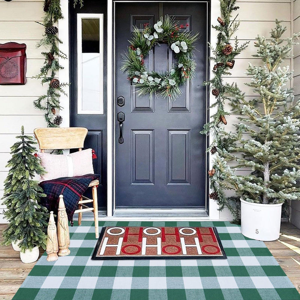 CAINANEL Green and White Plaid Rug in garden