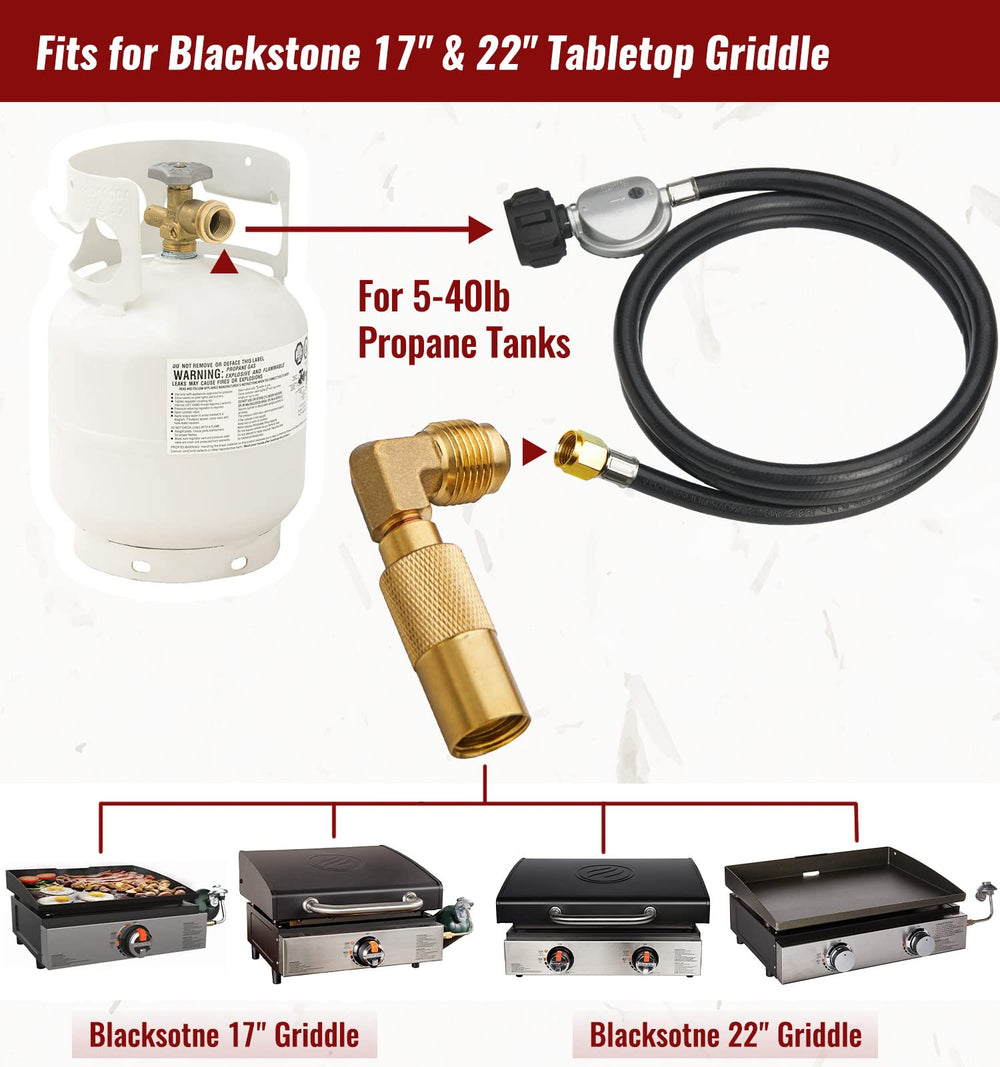 CALPOSE propane adapter hose connected to Blackstone griddle