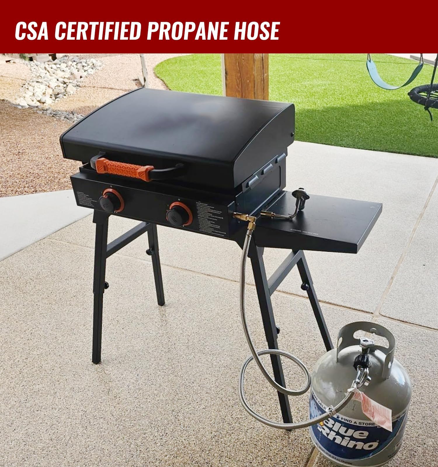 CALPOSE propane hose in use with a propane tank outdoors