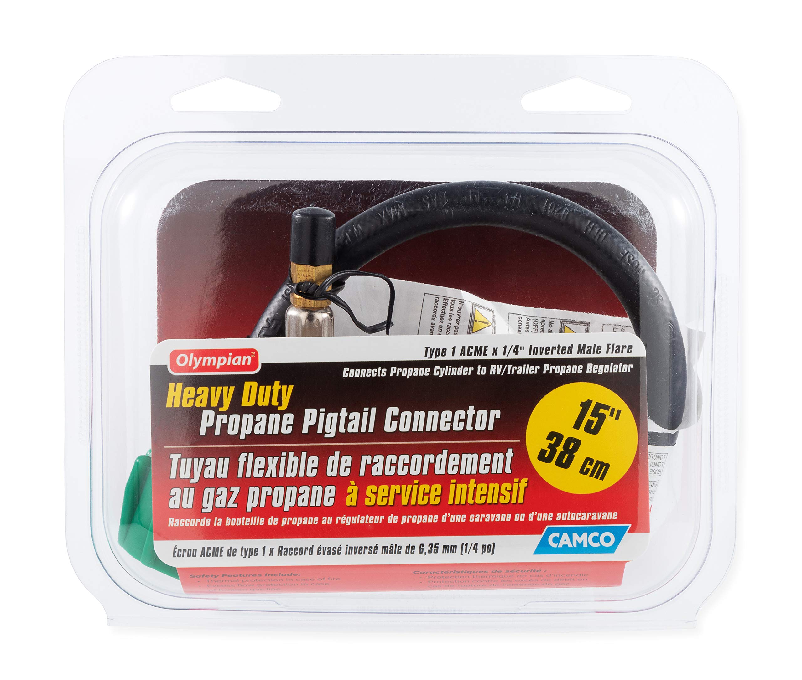 Camco 15-inch propane hose packaging with specifications