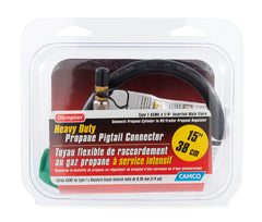 Camco 15-inch propane hose packaging with specifications