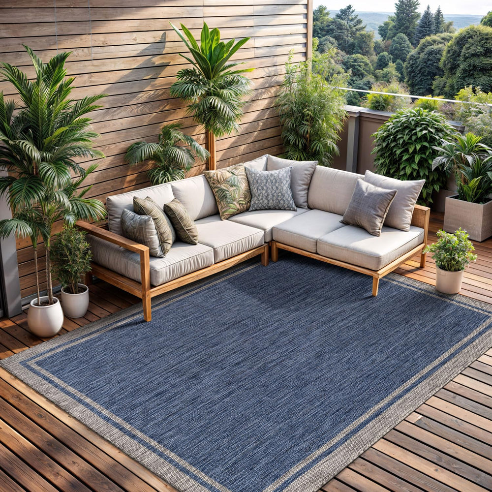 CAMILSON Outdoor Rug 6x9 Bordered Navy Blue front view