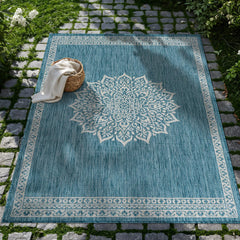 CAMILSON Outdoor Rug 6x9 Medallion Aqua front view
