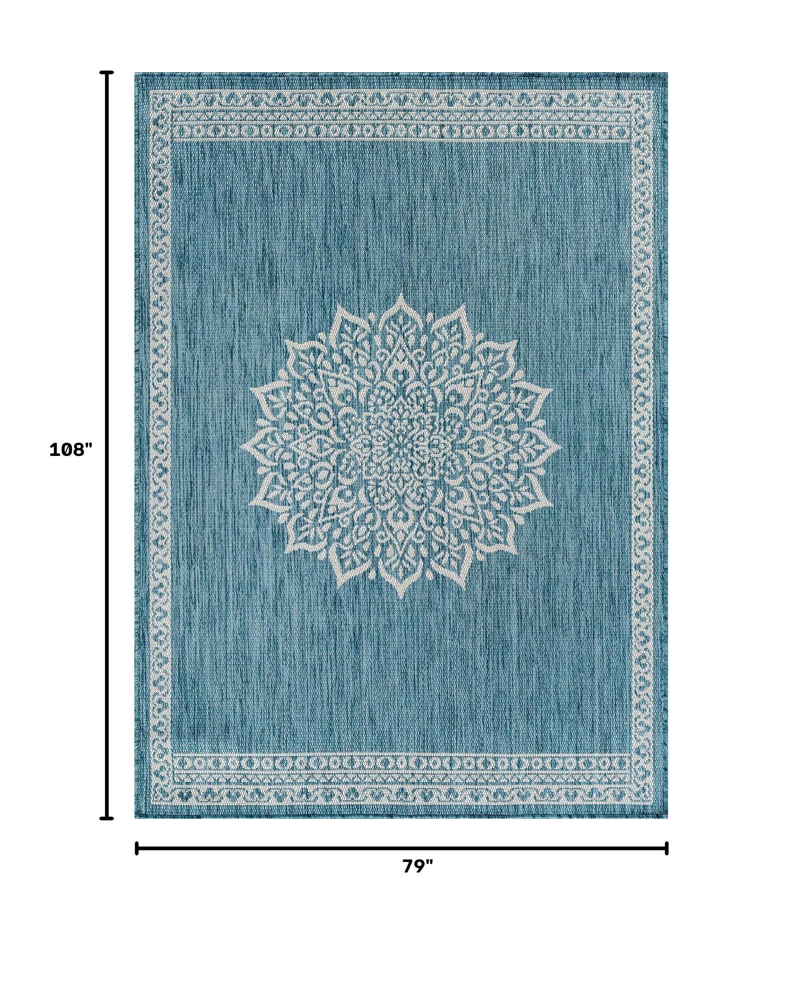 CAMILSON Outdoor Rug 6x9 Medallion Aqua in a garden setting