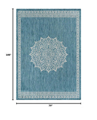 CAMILSON Outdoor Rug 6x9 Medallion Aqua in a garden setting
